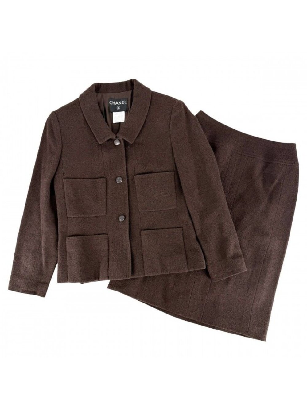 Chanel Set Jacket Skirt Vintage 38 Brown Wool Nylon Spandex Autumn Winter